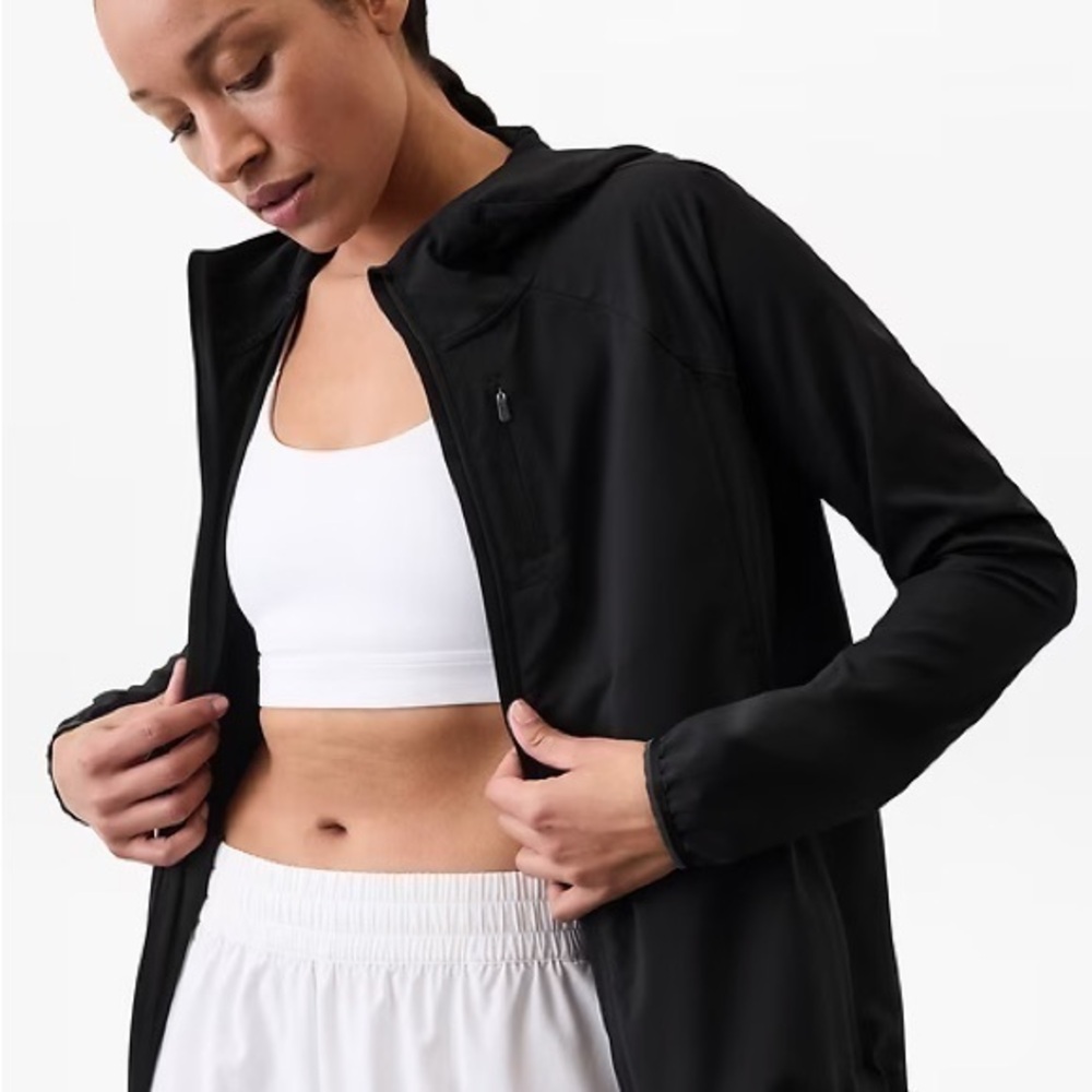Athleta Limitless Luxe Water-Repellent Windbreaker Stowaway Hood Jacket Black XL